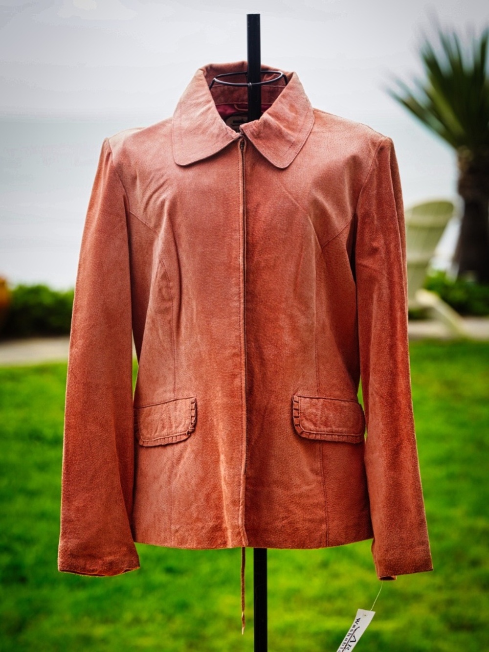Aria Washable Suede Leather Jacket Terracotta Coral Salmon Pink Zip Front Large